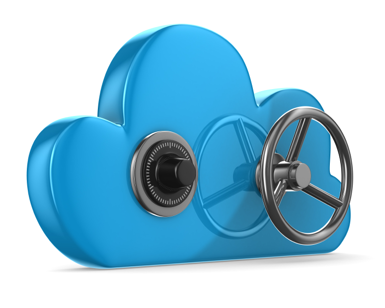 Cloud with lock on white background. Isolated 3D image